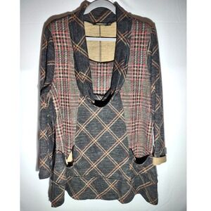Radzoli Women Plaid Cowl Neck LS Tunic Top Pockets Orange Brown Charcoal 1X